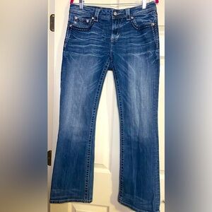 Miss Me Jeans Easy Boot Dark Blue Embroidered Pocket Sequins Low-Rise Womens 30